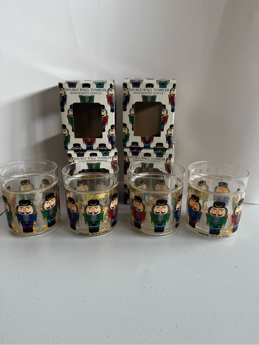 Vintage Dezine Nutcrackers Acrylic Double Wall Tumblers Christmas Set Of 4 NIB